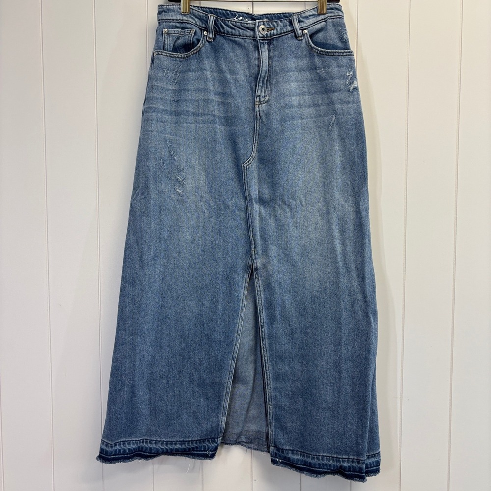 INC International Concepts Women Boho Festival Denim Maxi Skirt Size 8 Deep Slit
